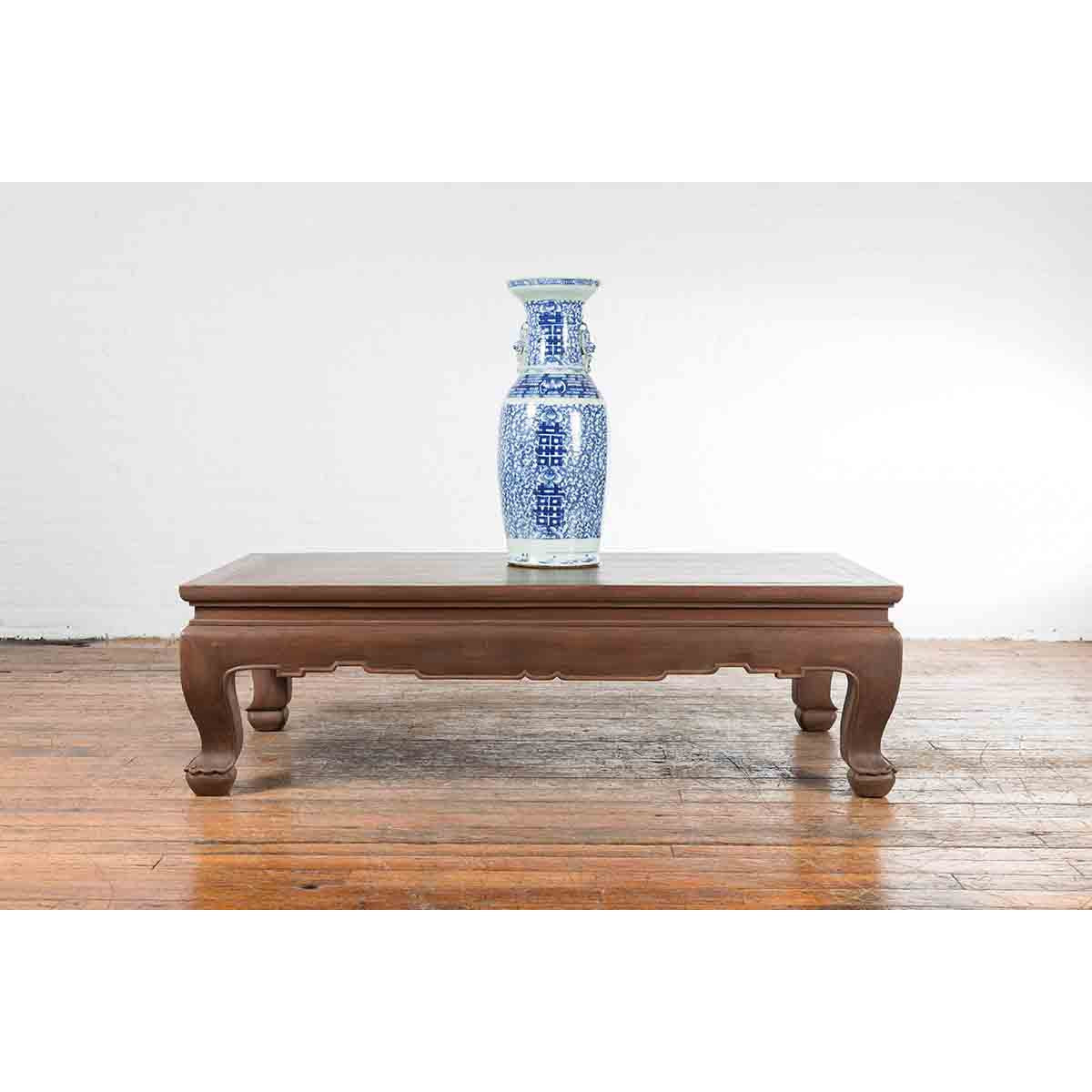 Vintage Thai Brown Wooden Coffee Table with Waisted Carved Apron and Chow Legs-4. Asian & Chinese Furniture, Art, Antiques, Vintage Home Décor for sale at FEA Home