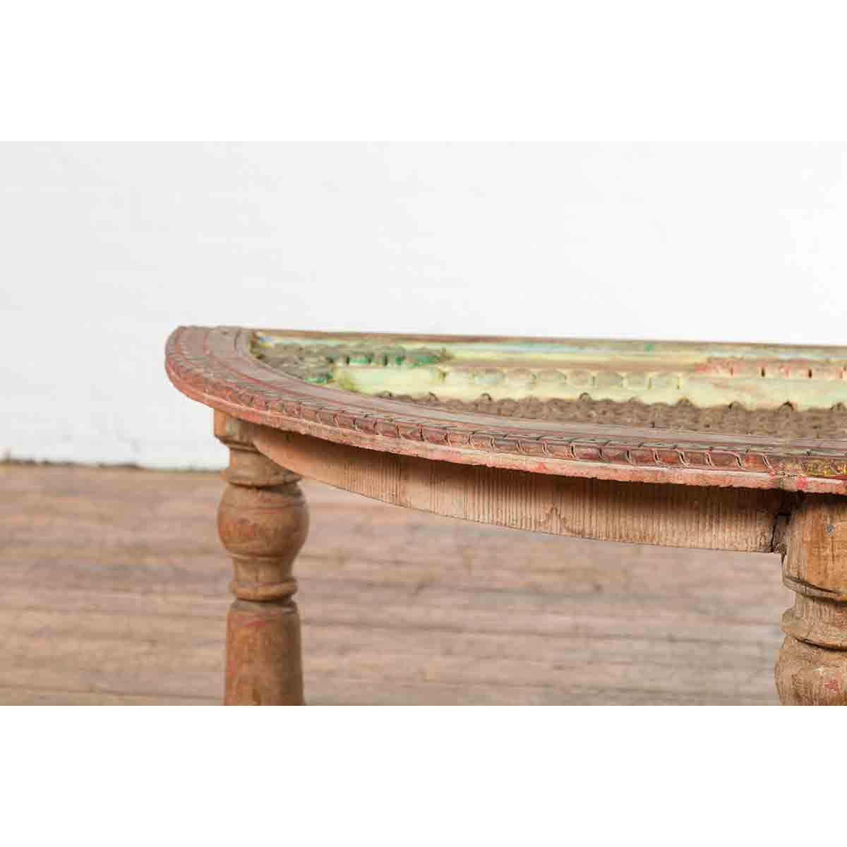 Indian 19th Century Sheesham Wood Low Demilune Table with Window Grate Iron Top-16. Asian & Chinese Furniture, Art, Antiques, Vintage Home Décor for sale at FEA Home