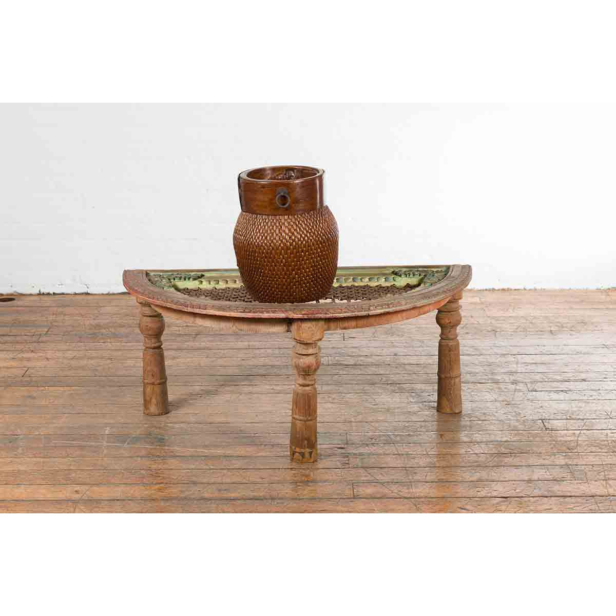 Indian 19th Century Sheesham Wood Low Demilune Table with Window Grate Iron Top-3. Asian & Chinese Furniture, Art, Antiques, Vintage Home Décor for sale at FEA Home