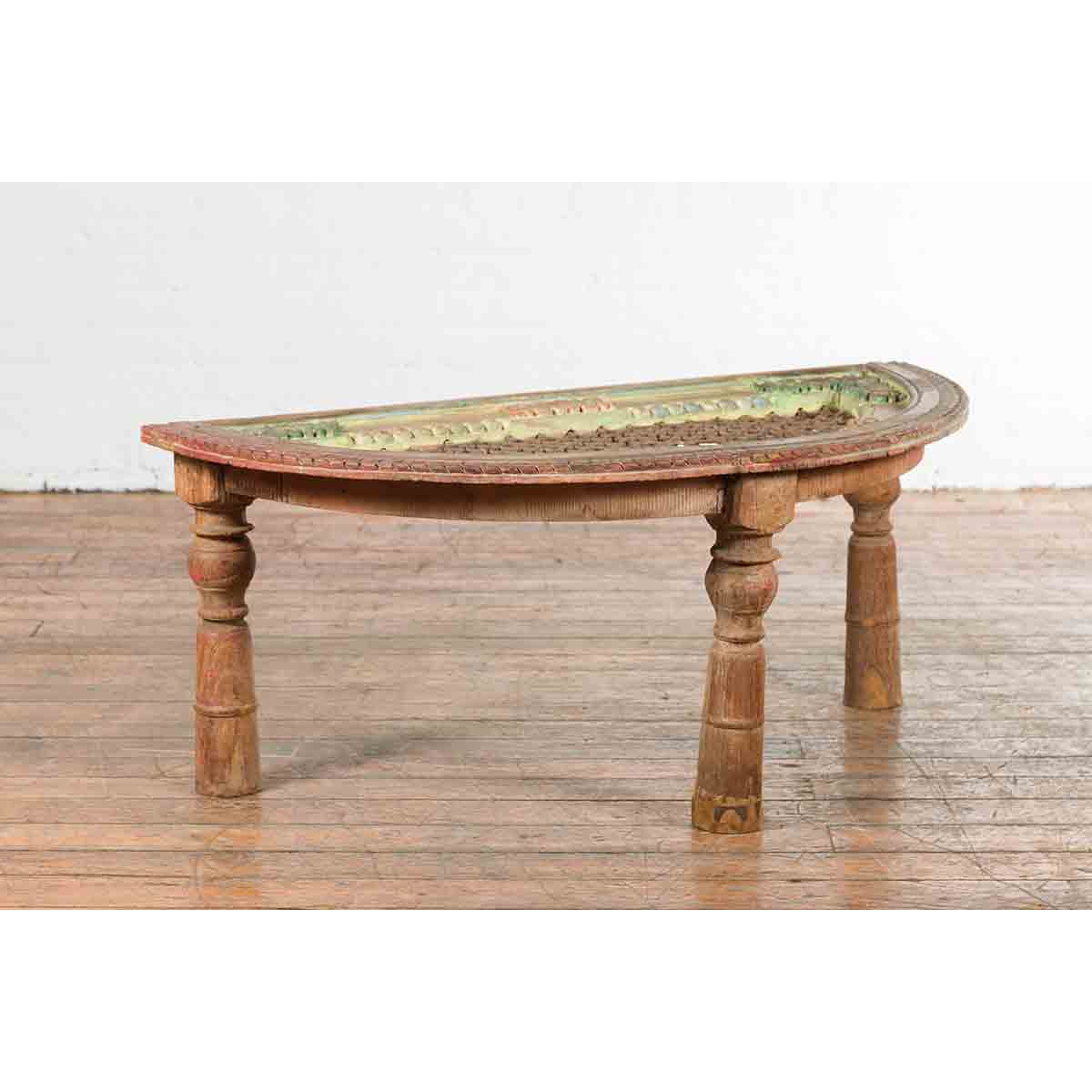 Indian 19th Century Sheesham Wood Low Demilune Table with Window Grate Iron Top-4. Asian & Chinese Furniture, Art, Antiques, Vintage Home Décor for sale at FEA Home