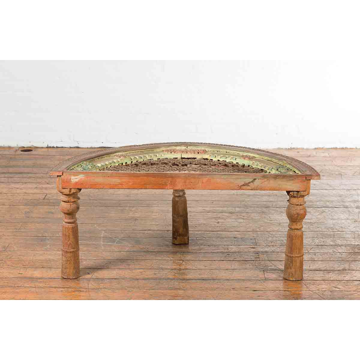 Indian 19th Century Sheesham Wood Low Demilune Table with Window Grate Iron Top-5. Asian & Chinese Furniture, Art, Antiques, Vintage Home Décor for sale at FEA Home
