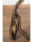 Brown wooden Indonesian river fragment sculpture on a wood floor against a white wall.