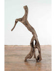 Brown wooden Indonesian river fragment sculpture on wooden floor, plain white wall background, full view.