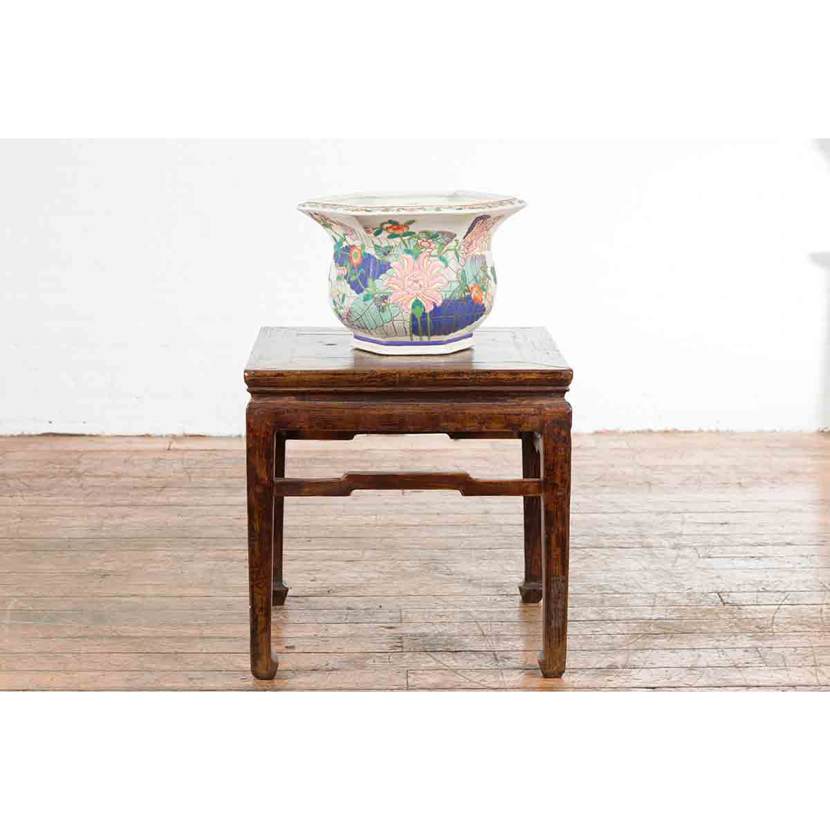 Chinese Vintage Hexagonal Planter with Pastel Foliage, Flowers and Butterflies-13. Asian & Chinese Furniture, Art, Antiques, Vintage Home Décor for sale at FEA Home