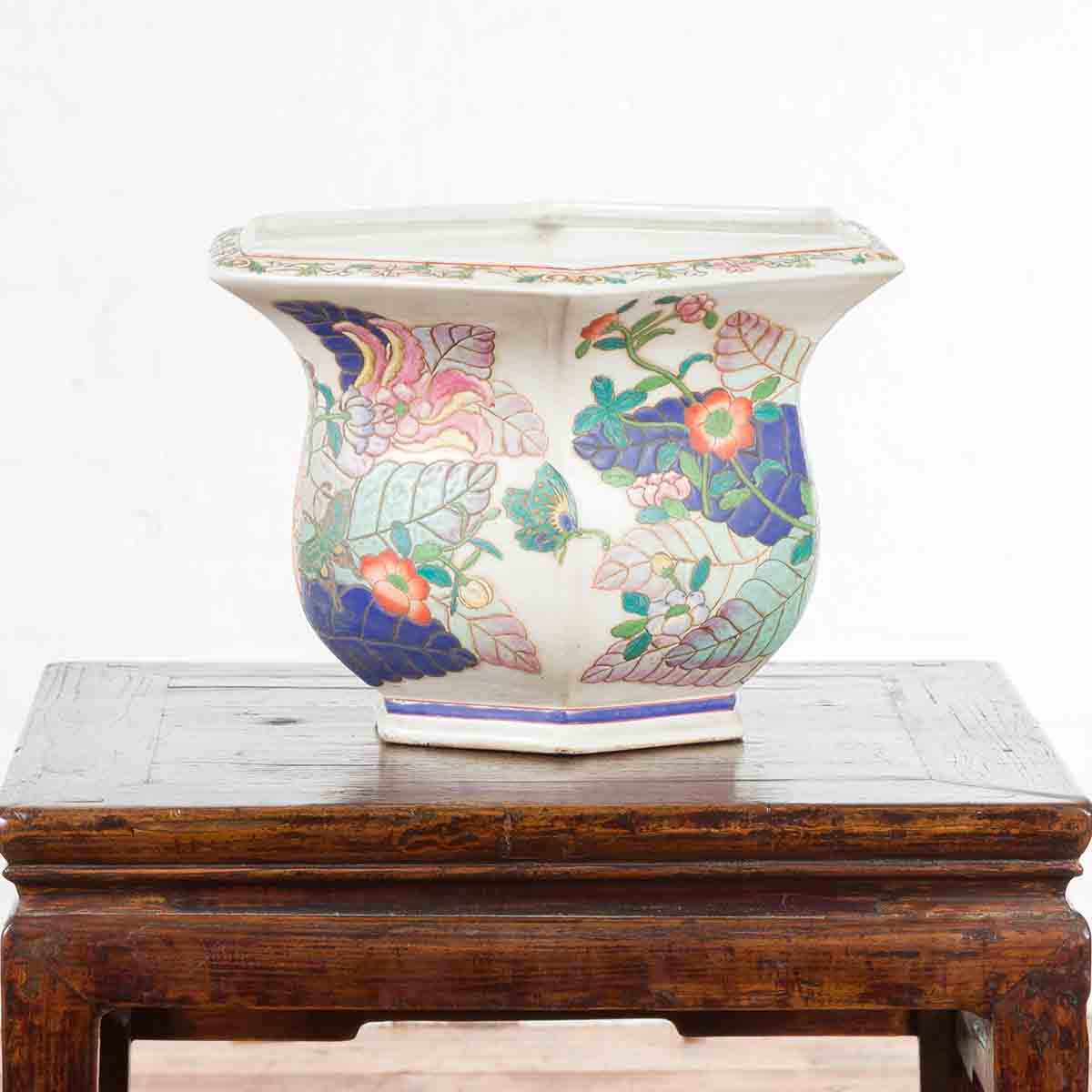 Chinese Vintage Hexagonal Planter with Pastel Foliage, Flowers and Butterflies-3. Asian & Chinese Furniture, Art, Antiques, Vintage Home Décor for sale at FEA Home
