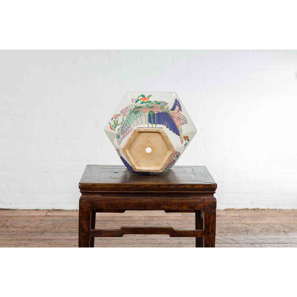 Chinese Vintage Hexagonal Planter with Pastel Foliage, Flowers and Butterflies-15. Asian & Chinese Furniture, Art, Antiques, Vintage Home Décor for sale at FEA Home