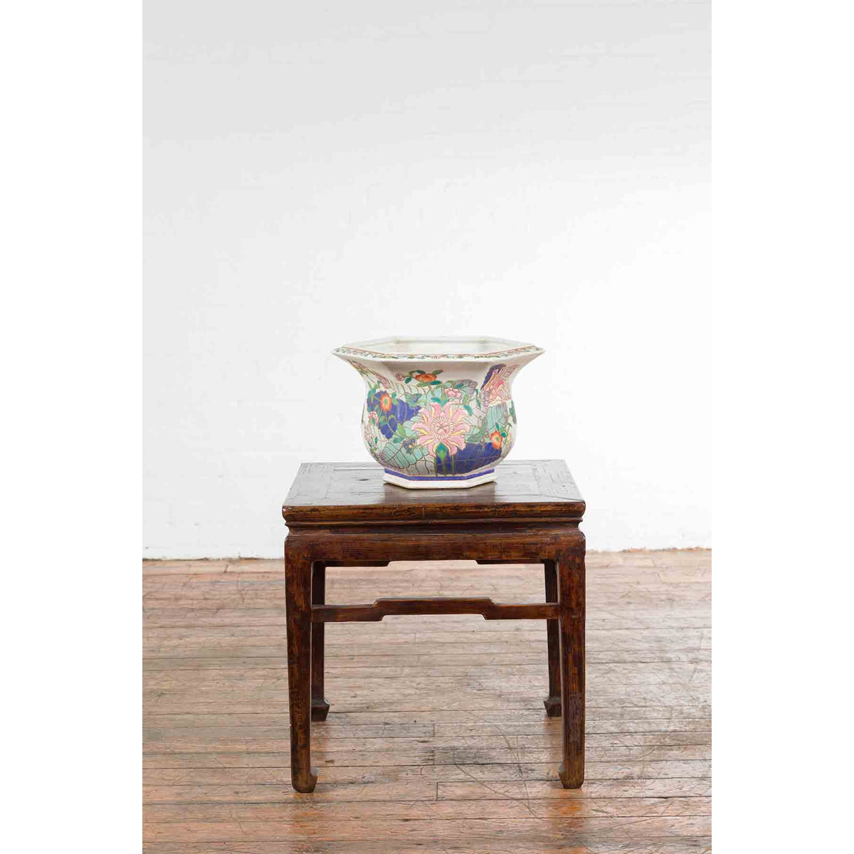 Chinese Vintage Hexagonal Planter with Pastel Foliage, Flowers and Butterflies-10. Asian & Chinese Furniture, Art, Antiques, Vintage Home Décor for sale at FEA Home