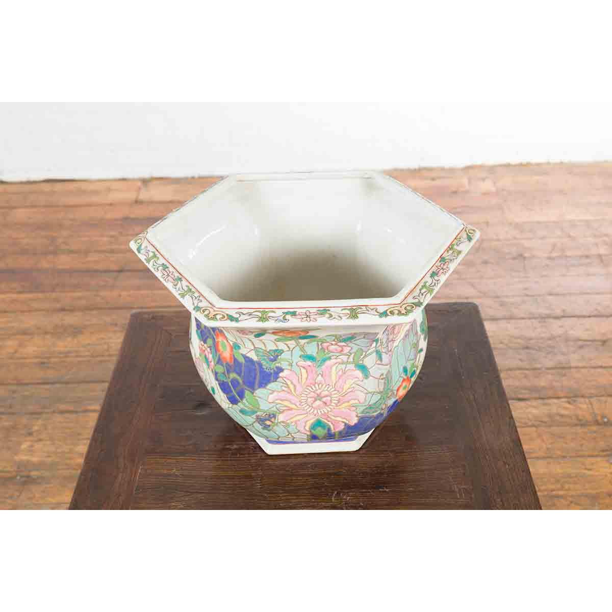 Chinese Vintage Hexagonal Planter with Pastel Foliage, Flowers and Butterflies-8. Asian & Chinese Furniture, Art, Antiques, Vintage Home Décor for sale at FEA Home