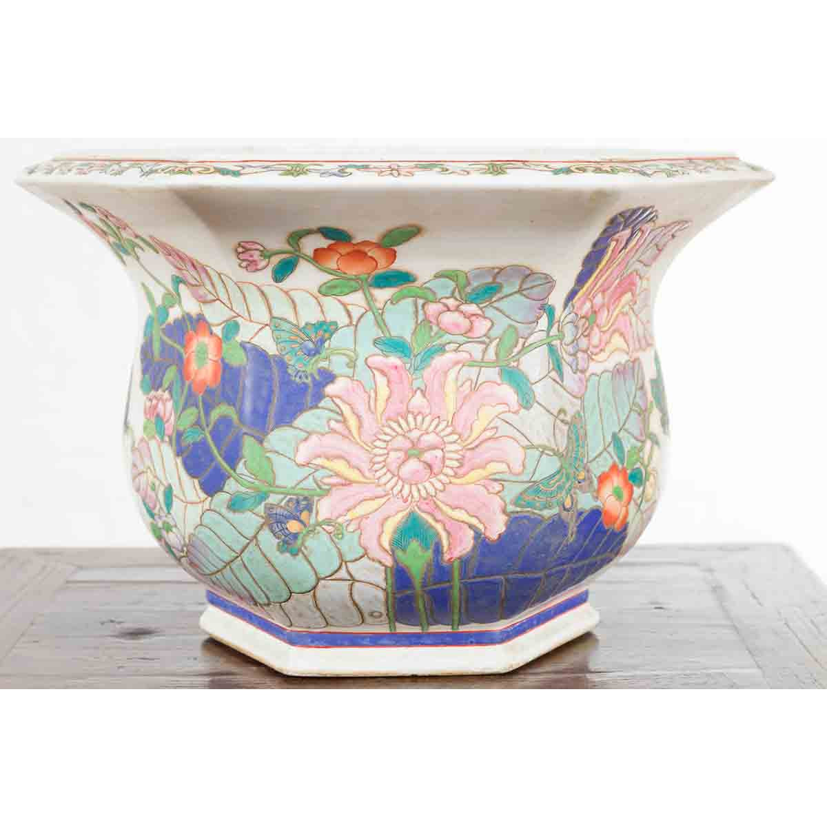 Chinese Vintage Hexagonal Planter with Pastel Foliage, Flowers and Butterflies-2. Asian & Chinese Furniture, Art, Antiques, Vintage Home Décor for sale at FEA Home