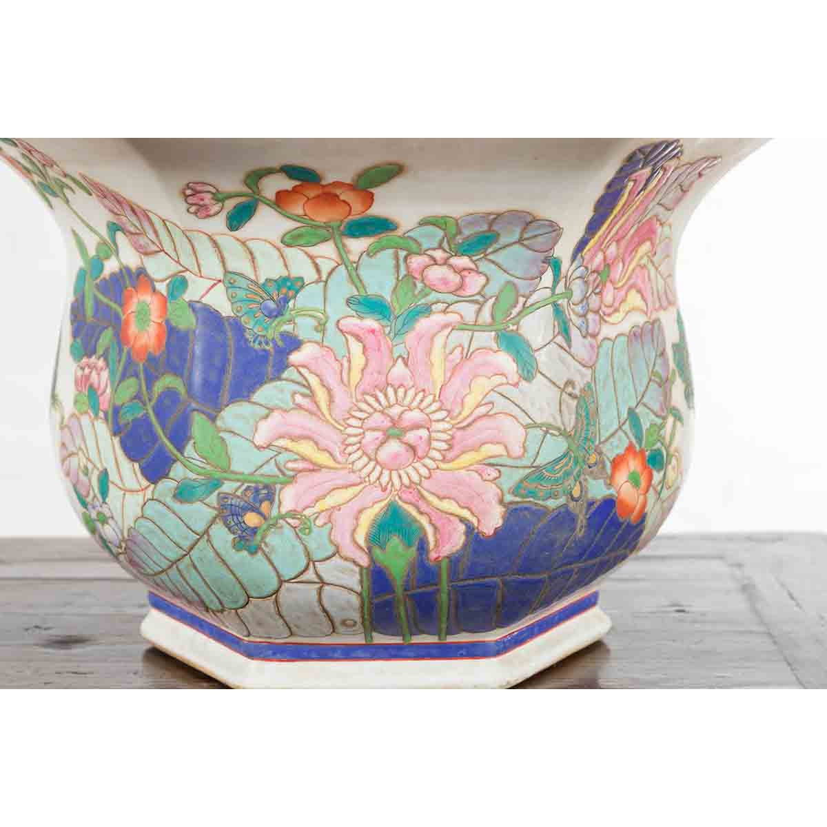 Chinese Vintage Hexagonal Planter with Pastel Foliage, Flowers and Butterflies-6. Asian & Chinese Furniture, Art, Antiques, Vintage Home Décor for sale at FEA Home