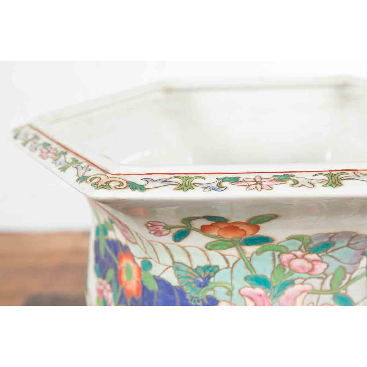 Chinese Vintage Hexagonal Planter with Pastel Foliage, Flowers and Butterflies-11. Asian & Chinese Furniture, Art, Antiques, Vintage Home Décor for sale at FEA Home