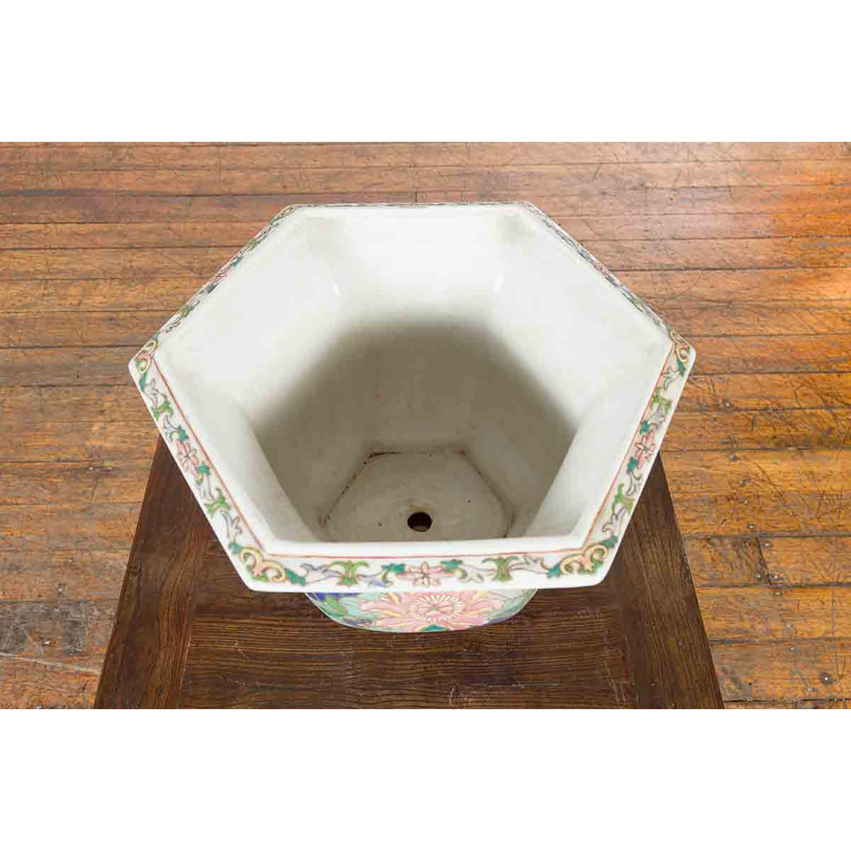 Chinese Vintage Hexagonal Planter with Pastel Foliage, Flowers and Butterflies-7. Asian & Chinese Furniture, Art, Antiques, Vintage Home Décor for sale at FEA Home