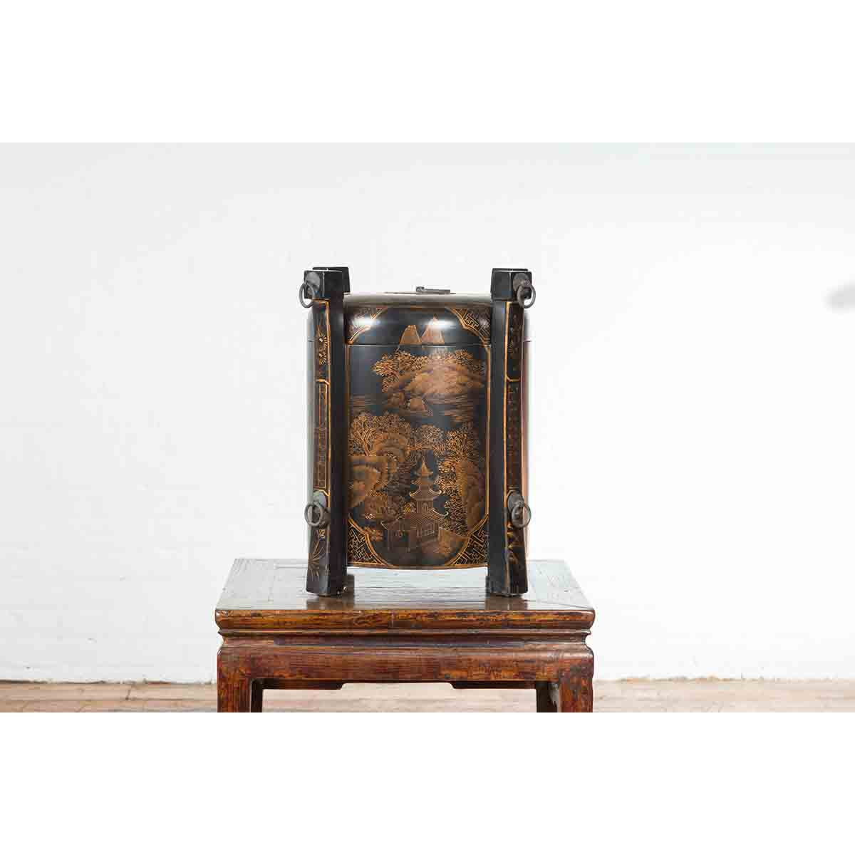 Chinese Vintage Black Lacquer Game Box with Gilded Traditional Landscape Scenes-7. Asian & Chinese Furniture, Art, Antiques, Vintage Home Décor for sale at FEA Home