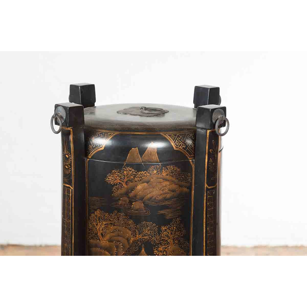 Chinese Vintage Black Lacquer Game Box with Gilded Traditional Landscape Scenes-5. Asian & Chinese Furniture, Art, Antiques, Vintage Home Décor for sale at FEA Home