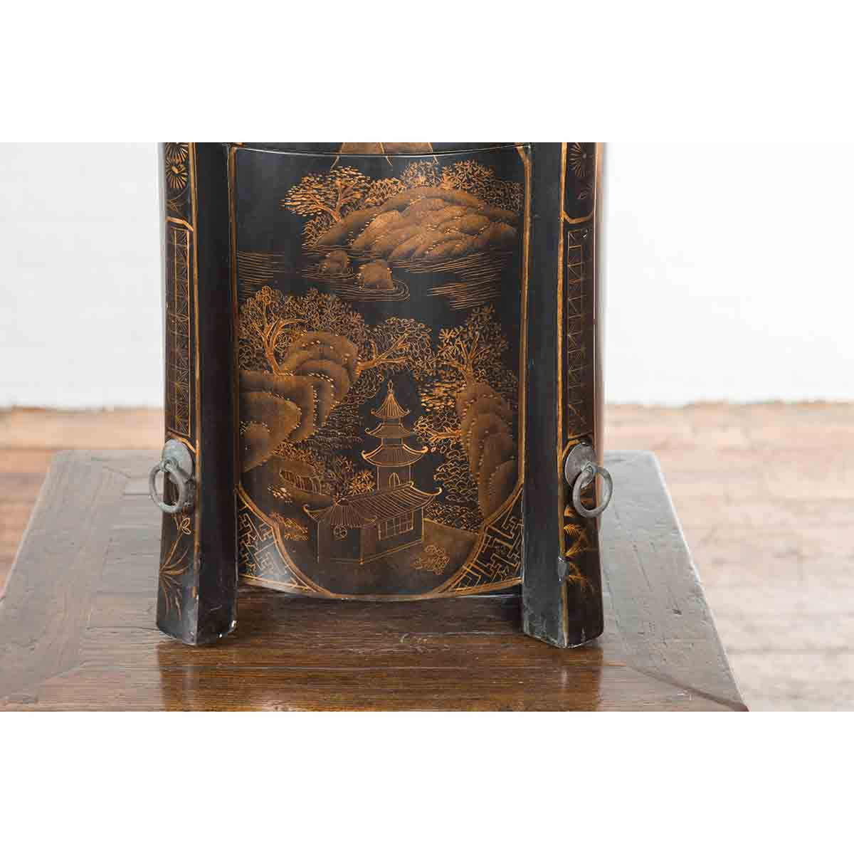 Chinese Vintage Black Lacquer Game Box with Gilded Traditional Landscape Scenes-6. Asian & Chinese Furniture, Art, Antiques, Vintage Home Décor for sale at FEA Home
