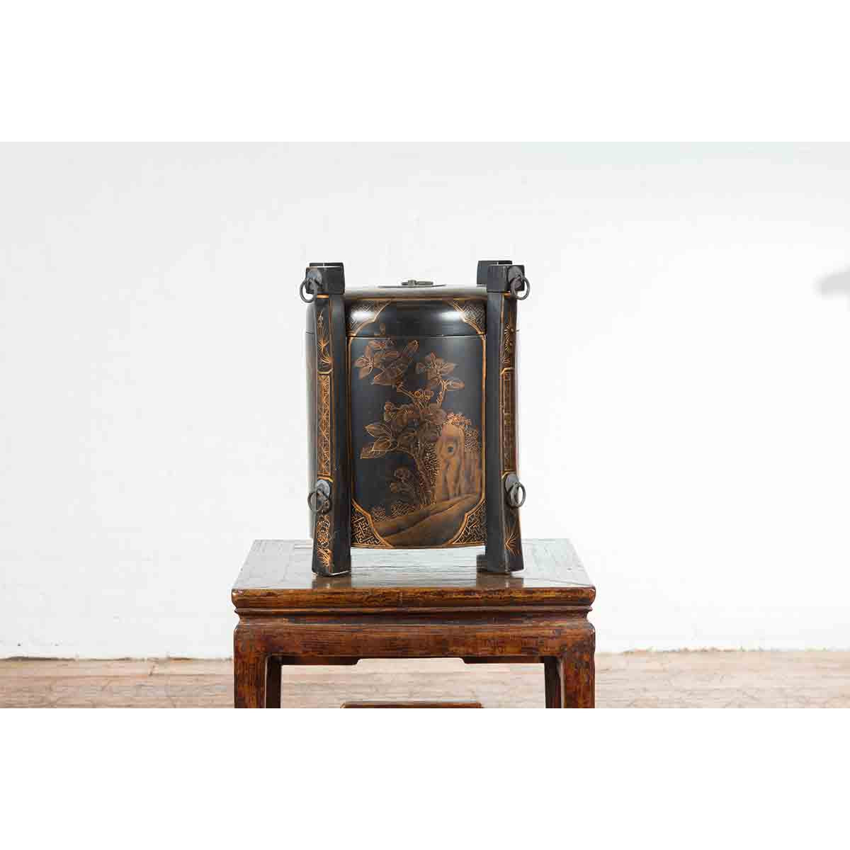 Chinese Vintage Black Lacquer Game Box with Gilded Traditional Landscape Scenes-9. Asian & Chinese Furniture, Art, Antiques, Vintage Home Décor for sale at FEA Home