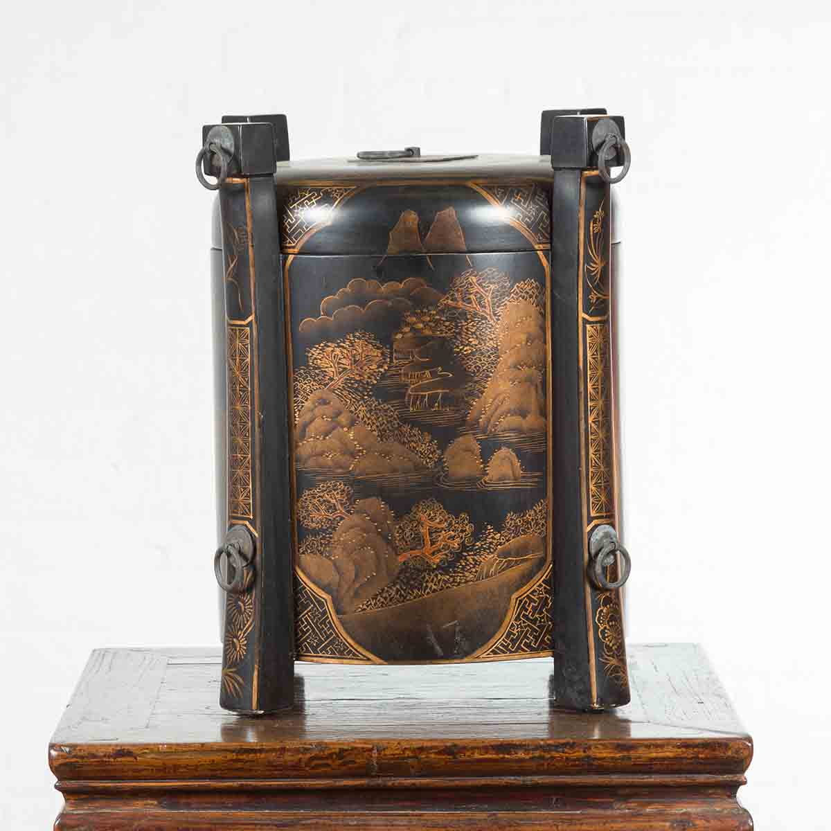 Chinese Vintage Black Lacquer Game Box with Gilded Traditional Landscape Scenes-10. Asian & Chinese Furniture, Art, Antiques, Vintage Home Décor for sale at FEA Home