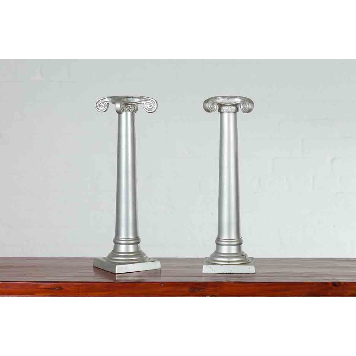 Pair of Silver over Bronze Column Candlesticks with Large Ionic Capitals-8. Asian & Chinese Furniture, Art, Antiques, Vintage Home Décor for sale at FEA Home