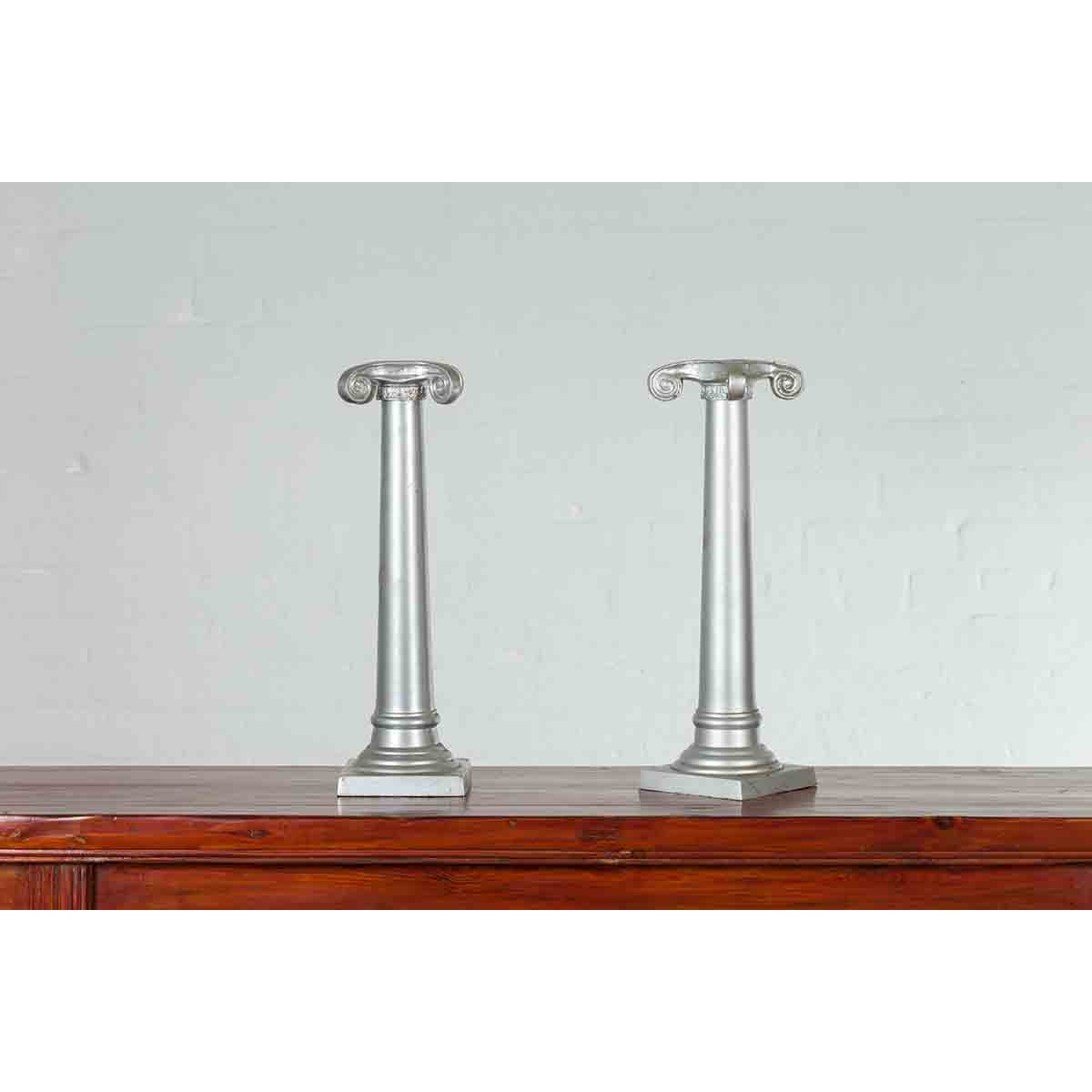 Pair of Silver over Bronze Column Candlesticks with Large Ionic Capitals-9. Asian & Chinese Furniture, Art, Antiques, Vintage Home Décor for sale at FEA Home