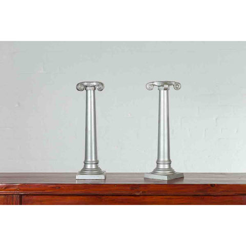 Pair of Silver over Bronze Column Candlesticks with Large Ionic Capitals-YN7210-9. Asian & Chinese Furniture, Art, Antiques, Vintage Home Décor for sale at FEA Home