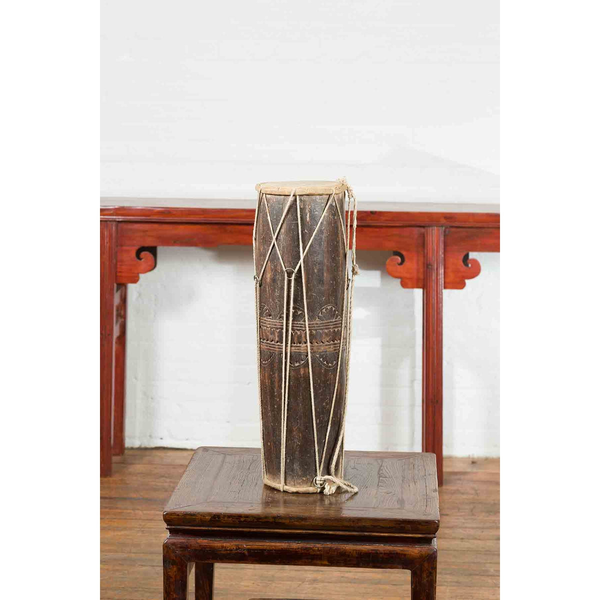 19th Century Thai Ceremonial Drum with Ropes and Leather Drumhead-4. Asian & Chinese Furniture, Art, Antiques, Vintage Home Décor for sale at FEA Home