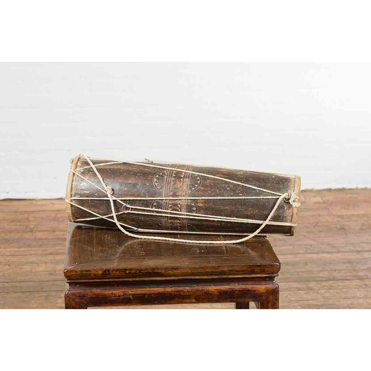 19th Century Thai Ceremonial Drum with Ropes and Leather Drumhead-13. Asian & Chinese Furniture, Art, Antiques, Vintage Home Décor for sale at FEA Home