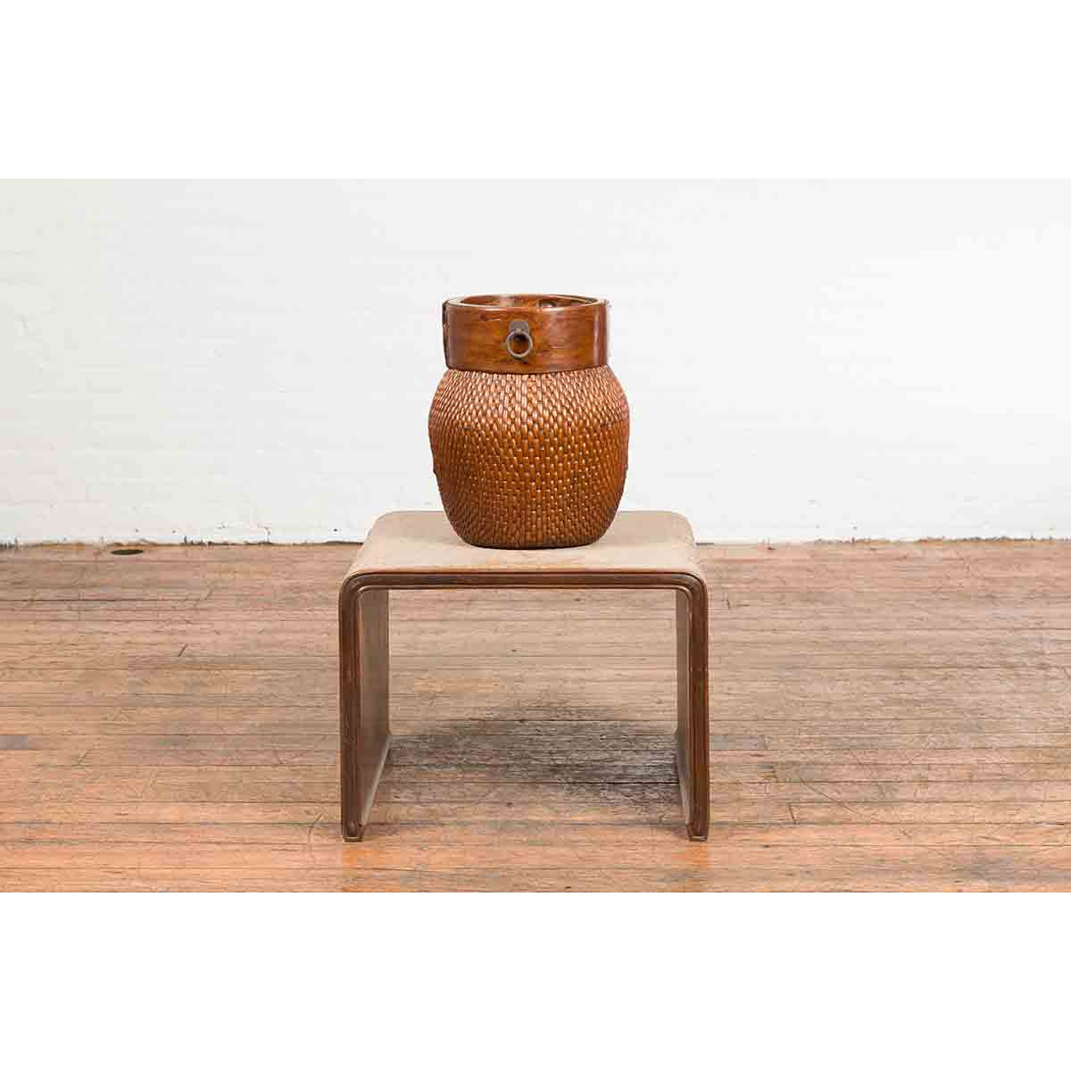 Burmese Vintage Waterfall Side Table with Rattan Woven Top and Horse Hoof Feet-4. Asian & Chinese Furniture, Art, Antiques, Vintage Home Décor for sale at FEA Home