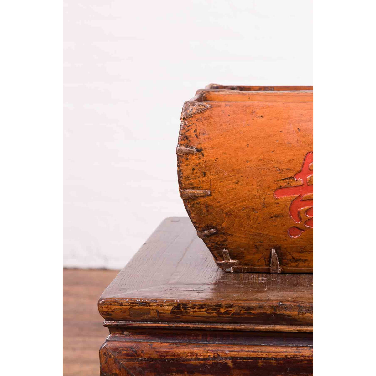 Chinese Early 20th Century Grain Basket with Red Calligraphy and Braces-4. Asian & Chinese Furniture, Art, Antiques, Vintage Home Décor for sale at FEA Home