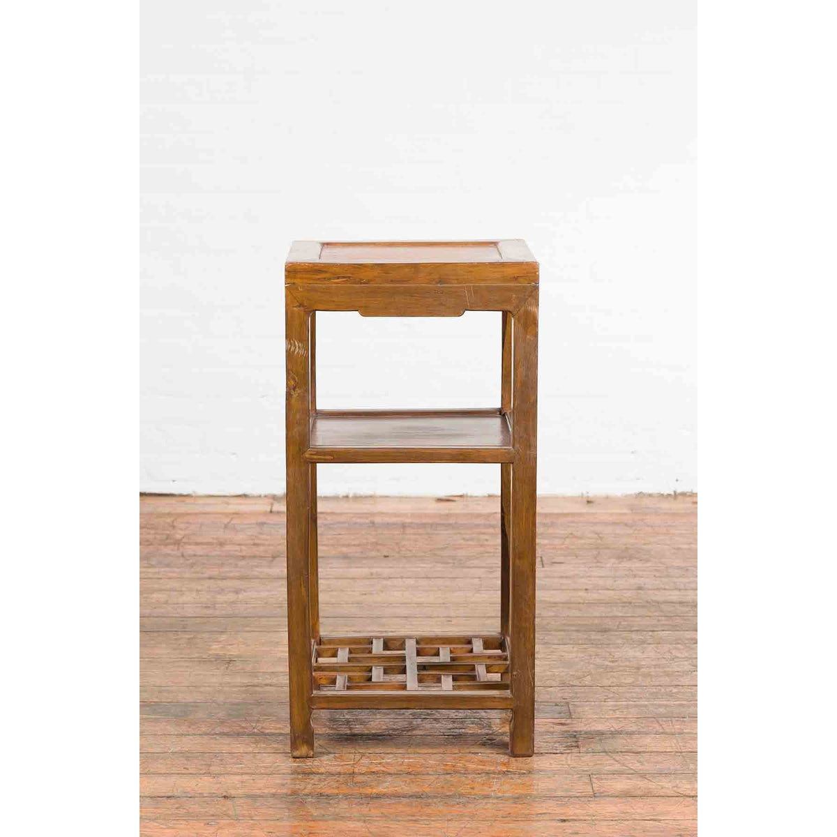 Vintage Honey Brown Side Table with Geometric Base Shelf-3. Asian & Chinese Furniture, Art, Antiques, Vintage Home Décor for sale at FEA Home