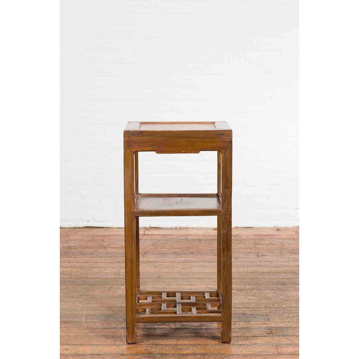 Vintage Honey Brown Side Table with Geometric Base Shelf-13. Asian & Chinese Furniture, Art, Antiques, Vintage Home Décor for sale at FEA Home