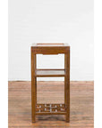 Vintage Honey Brown Side Table with Geometric Base Shelf-13. Asian & Chinese Furniture, Art, Antiques, Vintage Home Décor for sale at FEA Home