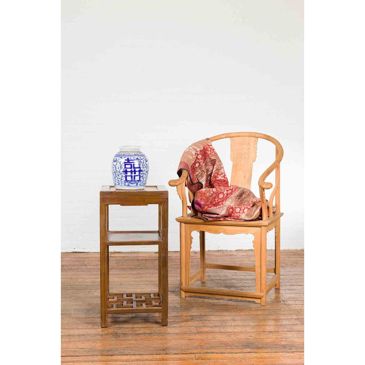 Vintage Honey Brown Side Table with Geometric Base Shelf-4. Asian & Chinese Furniture, Art, Antiques, Vintage Home Décor for sale at FEA Home