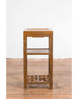 Vintage Honey Brown Side Table with Geometric Base Shelf-3. Asian & Chinese Furniture, Art, Antiques, Vintage Home Décor for sale at FEA Home