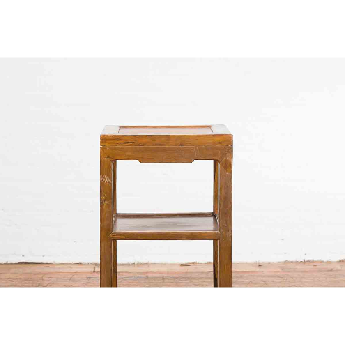 Vintage Honey Brown Side Table with Geometric Base Shelf-5. Asian & Chinese Furniture, Art, Antiques, Vintage Home Décor for sale at FEA Home