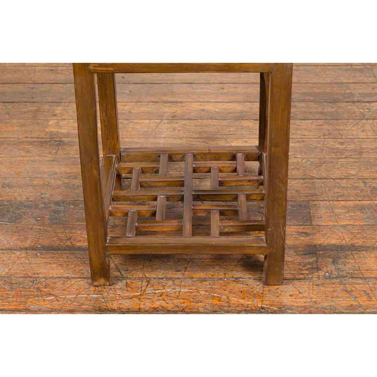Vintage Honey Brown Side Table with Geometric Base Shelf-6. Asian & Chinese Furniture, Art, Antiques, Vintage Home Décor for sale at FEA Home