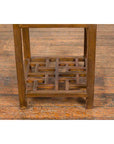 Vintage Honey Brown Side Table with Geometric Base Shelf-6. Asian & Chinese Furniture, Art, Antiques, Vintage Home Décor for sale at FEA Home