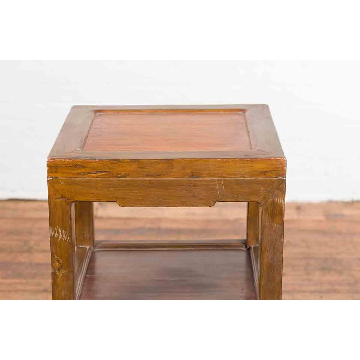 Vintage Honey Brown Side Table with Geometric Base Shelf-7. Asian & Chinese Furniture, Art, Antiques, Vintage Home Décor for sale at FEA Home