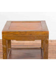 Vintage Honey Brown Side Table with Geometric Base Shelf-7. Asian & Chinese Furniture, Art, Antiques, Vintage Home Décor for sale at FEA Home