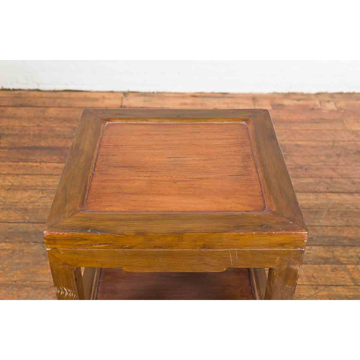 Vintage Honey Brown Side Table with Geometric Base Shelf-8. Asian & Chinese Furniture, Art, Antiques, Vintage Home Décor for sale at FEA Home