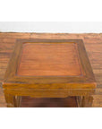 Vintage Honey Brown Side Table with Geometric Base Shelf-8. Asian & Chinese Furniture, Art, Antiques, Vintage Home Décor for sale at FEA Home