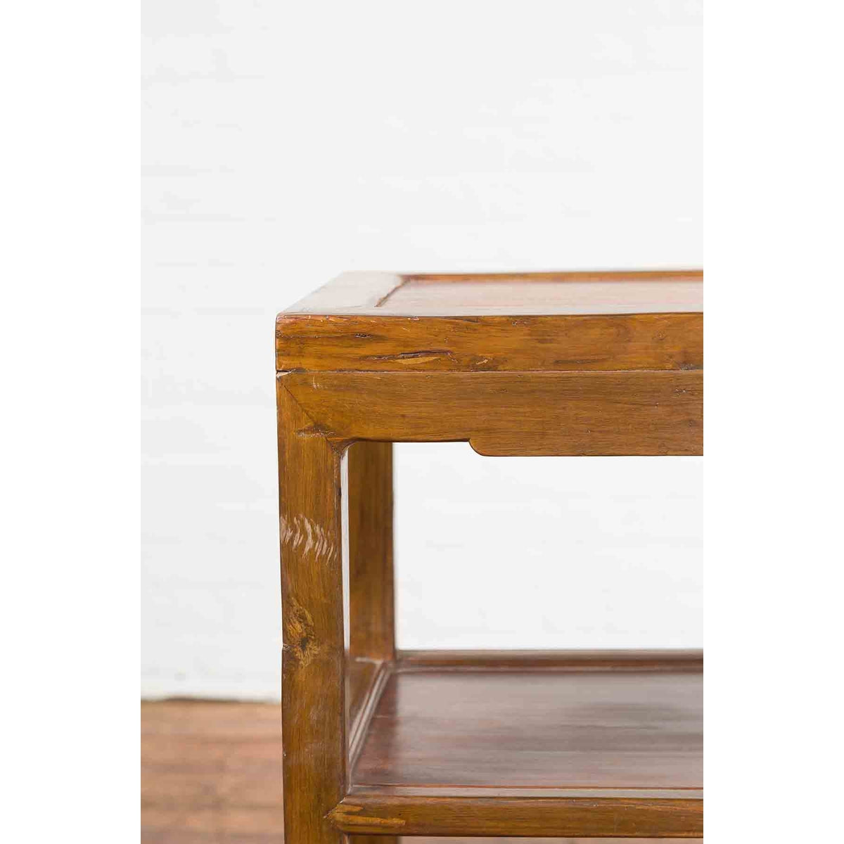 Vintage Honey Brown Side Table with Geometric Base Shelf-9. Asian & Chinese Furniture, Art, Antiques, Vintage Home Décor for sale at FEA Home