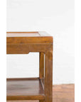 Vintage Honey Brown Side Table with Geometric Base Shelf-10. Asian & Chinese Furniture, Art, Antiques, Vintage Home Décor for sale at FEA Home