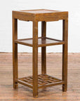 Vintage Honey Brown Side Table with Geometric Base Shelf-2. Asian & Chinese Furniture, Art, Antiques, Vintage Home Décor for sale at FEA Home