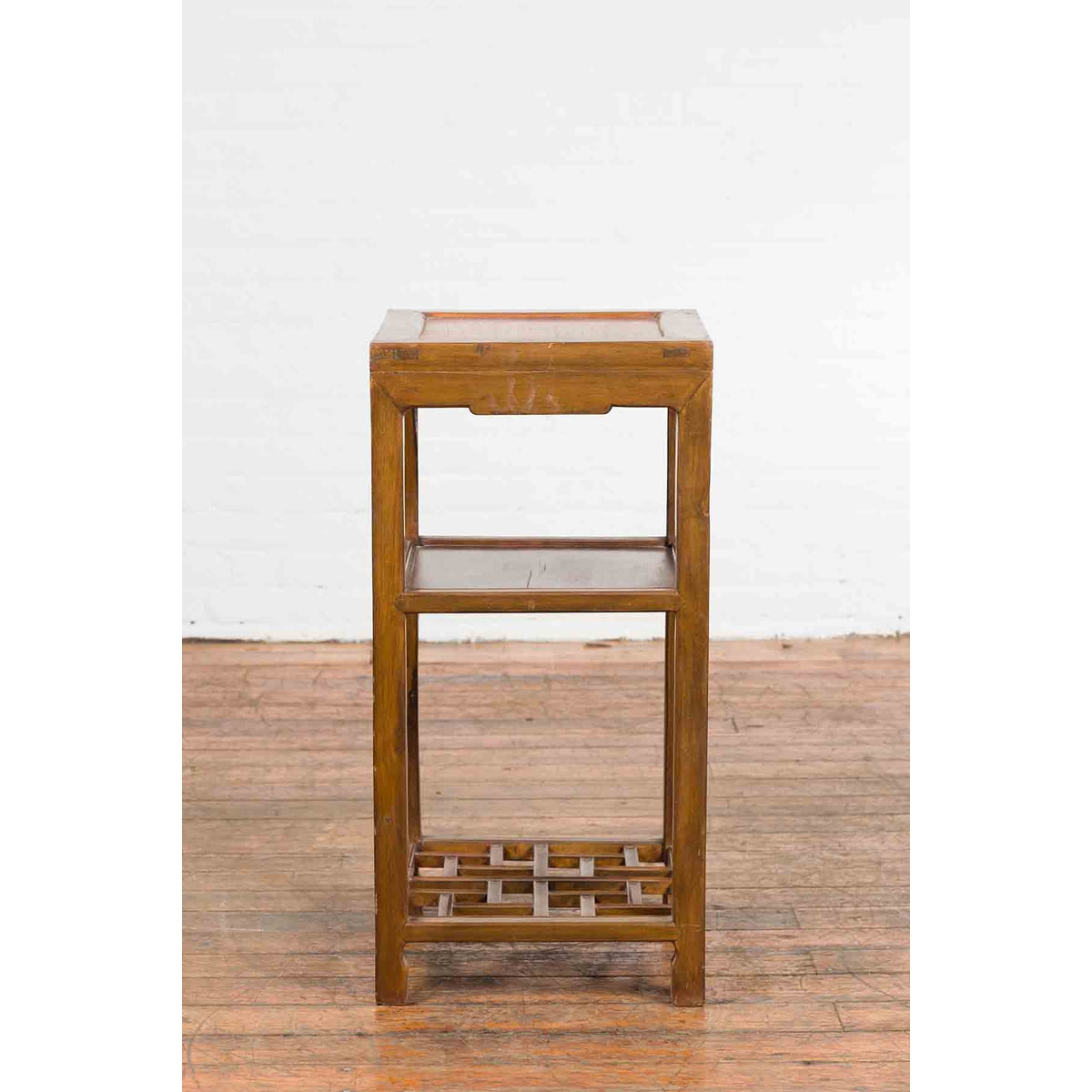 Vintage Honey Brown Side Table with Geometric Base Shelf-11. Asian & Chinese Furniture, Art, Antiques, Vintage Home Décor for sale at FEA Home