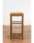 Vintage Honey Brown Side Table with Geometric Base Shelf-11. Asian & Chinese Furniture, Art, Antiques, Vintage Home Décor for sale at FEA Home