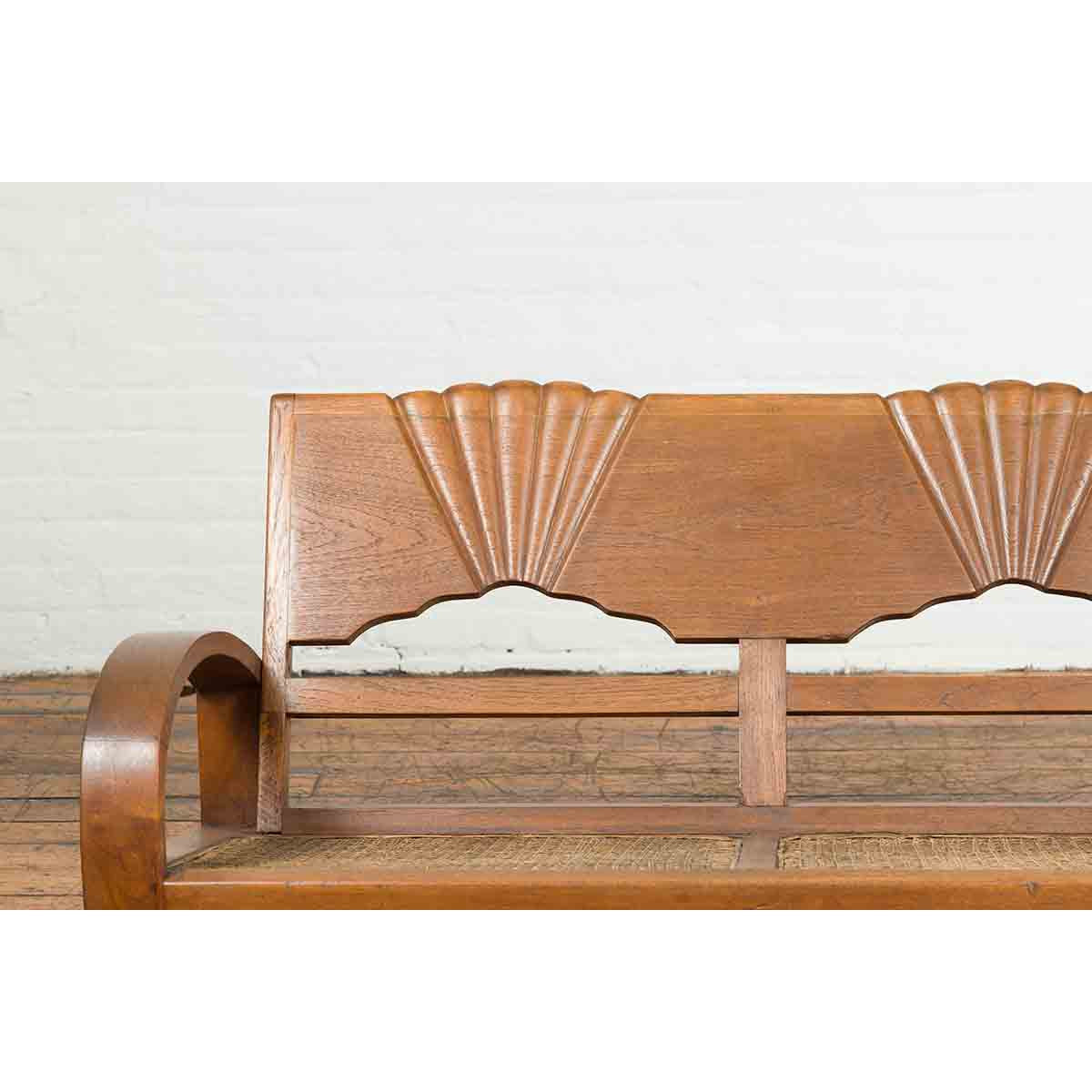 Teak Wood Country Outdoor Bench from Madura with Rattan Seat and Looping Arms-4. Asian & Chinese Furniture, Art, Antiques, Vintage Home Décor for sale at FEA Home
