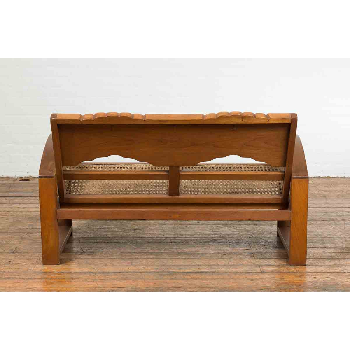 Teak Wood Country Outdoor Bench from Madura with Rattan Seat and Looping Arms-12. Asian & Chinese Furniture, Art, Antiques, Vintage Home Décor for sale at FEA Home