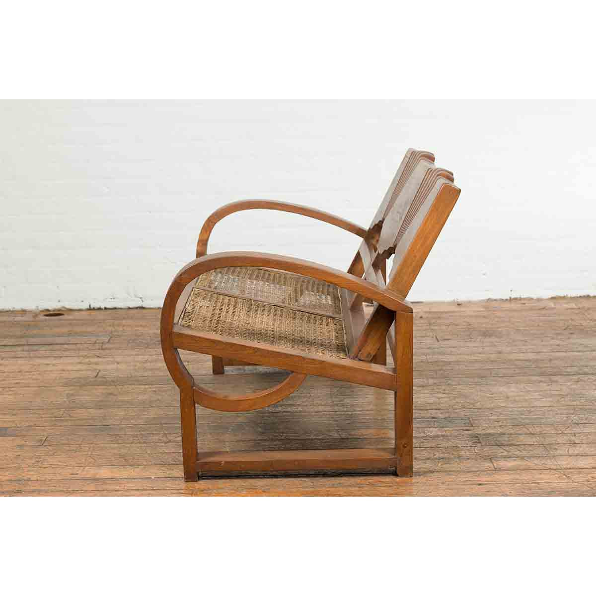 Teak Wood Country Outdoor Bench from Madura with Rattan Seat and Looping Arms-13. Asian & Chinese Furniture, Art, Antiques, Vintage Home Décor for sale at FEA Home