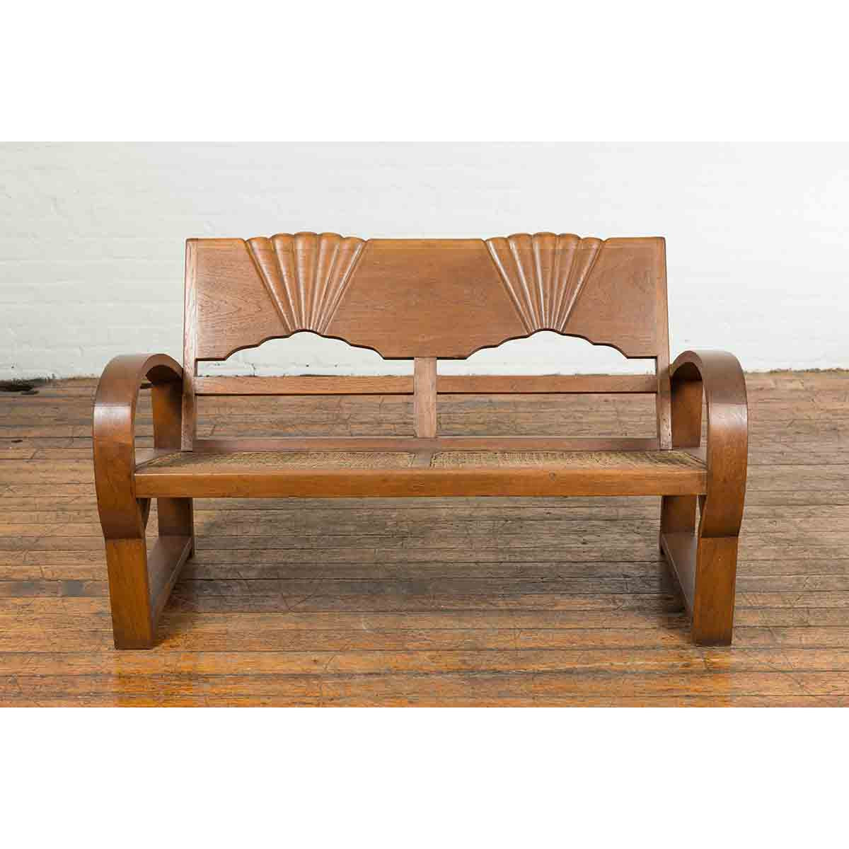 Teak Wood Country Outdoor Bench from Madura with Rattan Seat and Looping Arms-11. Asian & Chinese Furniture, Art, Antiques, Vintage Home Décor for sale at FEA Home