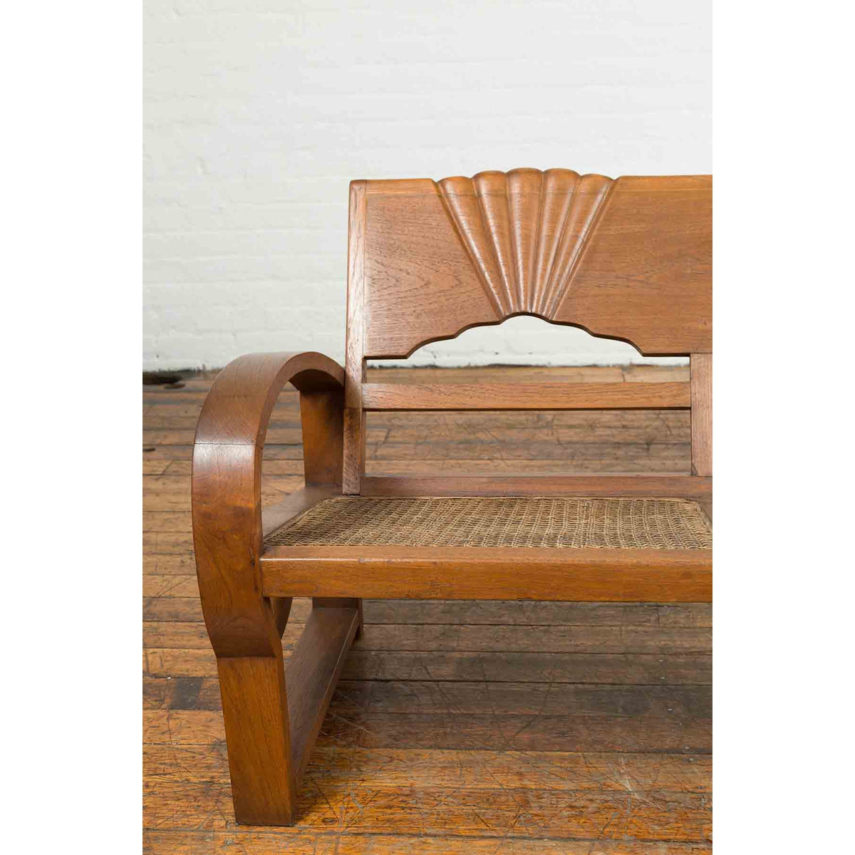 Teak Wood Country Outdoor Bench from Madura with Rattan Seat and Looping Arms-6. Asian & Chinese Furniture, Art, Antiques, Vintage Home Décor for sale at FEA Home
